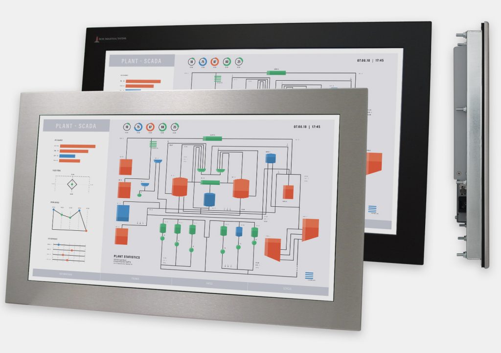 Monitores industriales de montaje en panel con pantalla panorámica de 23” y pantallas táctiles resistentes según IP65/IP66, vistas frontal y lateral