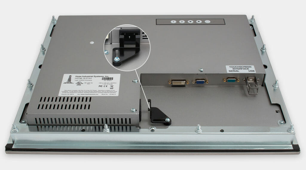 Monitores industriales de montaje en panel y pantallas táctiles resistentes de 19” según IP65/IP66, vista de salida para cables de CA