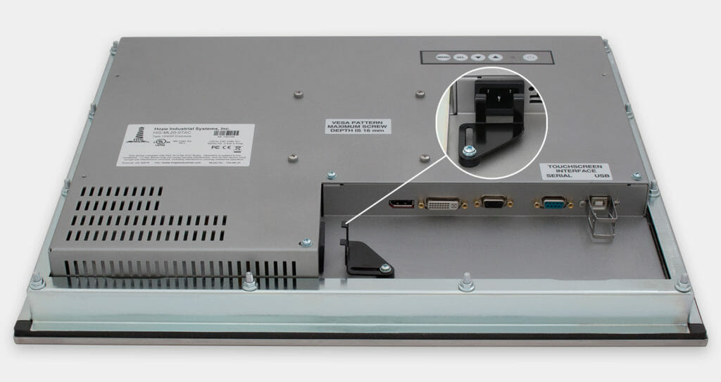Monitores industriales de montaje en panel y pantallas táctiles resistentes de 20” según IP65/IP66, vista de salida para cables de CA
