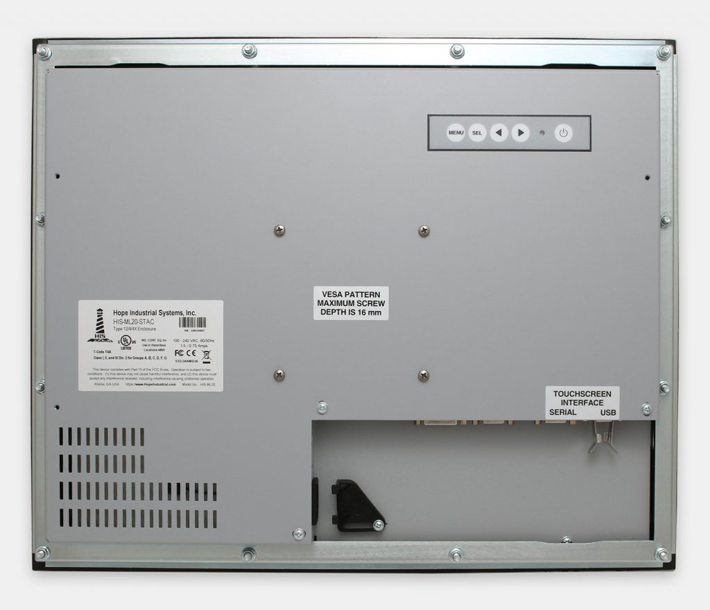 Monitores industriales de montaje en panel y pantallas táctiles resistentes de 20” según IP65/IP66, vista trasera