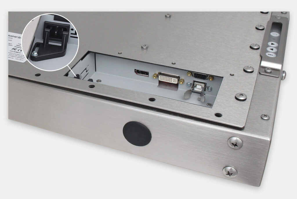 Monitores industriales de montaje universal y pantallas táctiles resistentes según IP65/IP66 de 15”, vista de salida para cables de CA