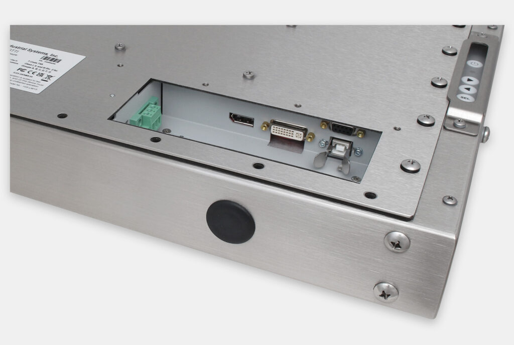 Monitores industriales de montaje universal y pantallas táctiles resistentes según IP65/IP66 de 15”, vista de salida para cables de CC