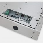 Monitores industriales de montaje universal y pantallas táctiles resistentes según IP65/IP66 de 17”, vista de salida para cables de CC
