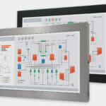 Monitores industriales de montaje universal con pantalla panorámica y pantallas táctiles resistentes según IP65/IP66 de 22”, vista frontal
