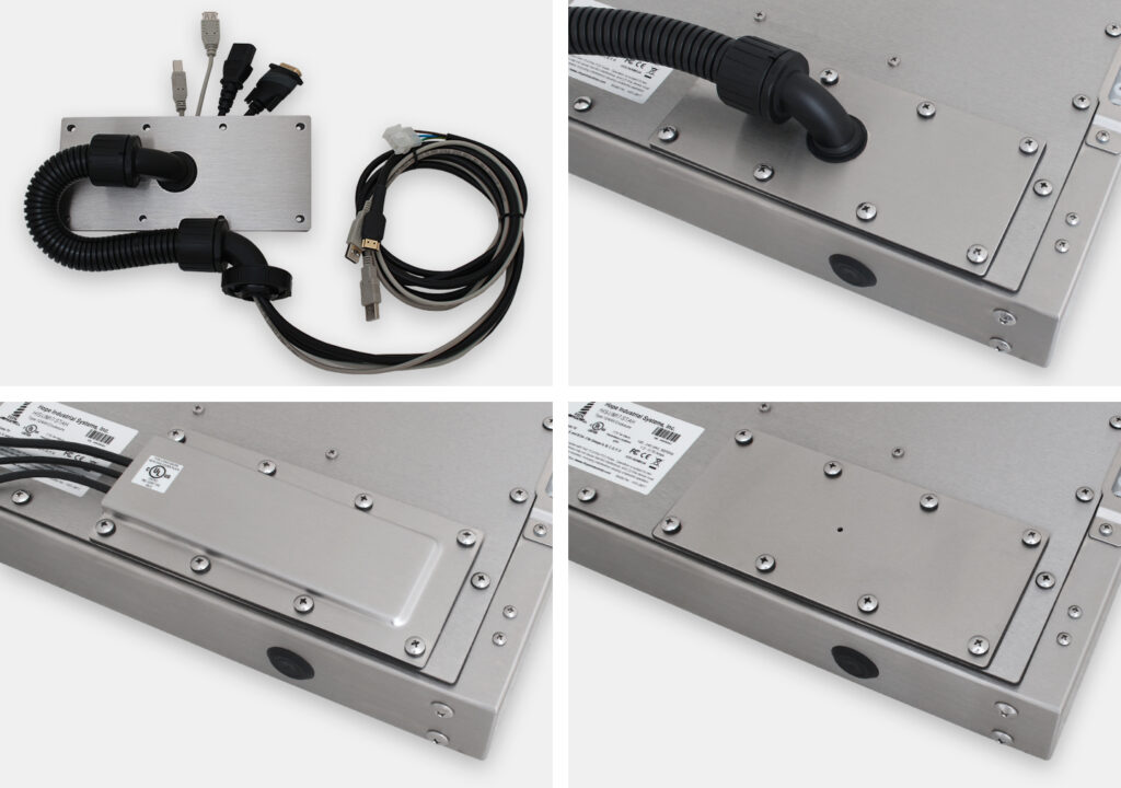 Opciones de placa de salida para cables para monitores de montaje universal y pantallas táctiles industriales