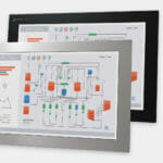 Monitores industriales de montaje en panel con pantalla panorámica de 22” y pantallas táctiles resistentes según IP65/IP66, vistas frontal y lateral