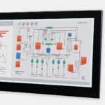 Monitores industriales de montaje en panel con pantalla panorámica de 23.8” y pantallas táctiles resistentes según IP65/IP66, vistas frontal y lateral