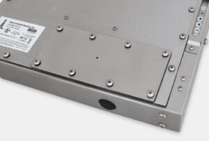 Opción de placa de cubierta con orificio guía y clasificación IP65/IP66 para monitores industriales de montaje universal